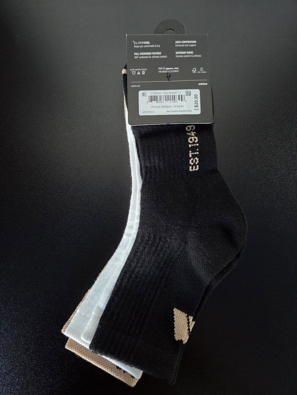adidas Men’s 3-Pack Athletic Socks - Black, White, Tan